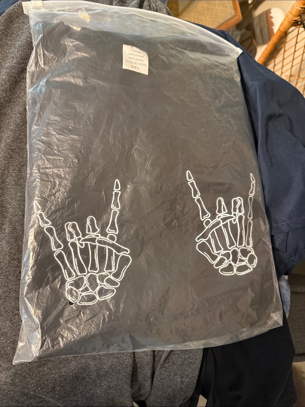 Black Short Sleeve Tee with White Skeleton Hand Graphic Never Opened